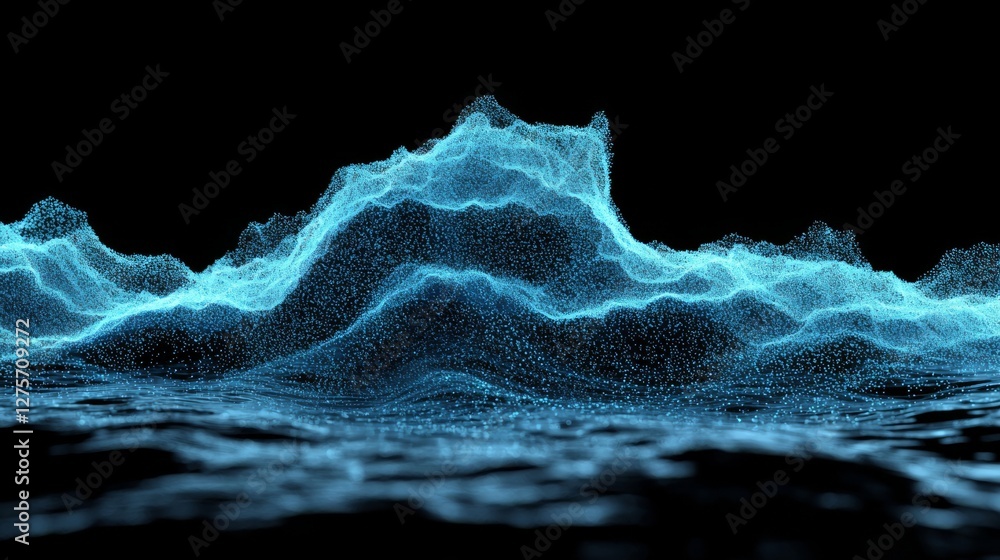Poster a wave of abstract blue digital particles is juxtaposed with a soft bokeh and illuminated backdrop