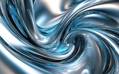 A fluid metallic swirl in iridescent silver and blue tones, smooth reflections and soft highlights, abstract 3D background