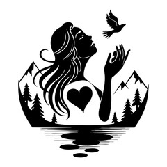 Serenity in Nature: Woman with Heart and Bird