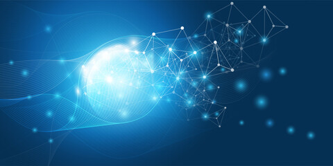 Abstract Dark Blue Futuristic Glowing Global Virtual Network Structure and Telecommunications Design Concept, Polygonal Connections with Transparent Wavy Geometric Polygonal Mesh, Vector Illustration