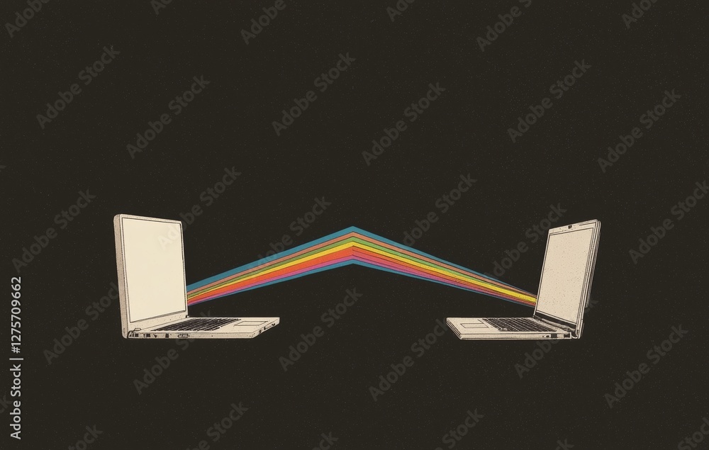 Poster isometric design elements on a black background illustrate the concept of file sharing, with a compu