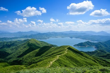 Obraz premium The concept of World Environment Day is represented by green mountains and beautiful sky clouds under a blue sky