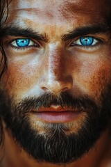 Fototapeta premium Intense gaze of a young man with striking blue eyes and a rugged beard captured in natural light outdoors