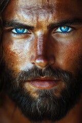 Obraz premium Striking portrait of a man with intense blue eyes and a rugged beard set against a soft background