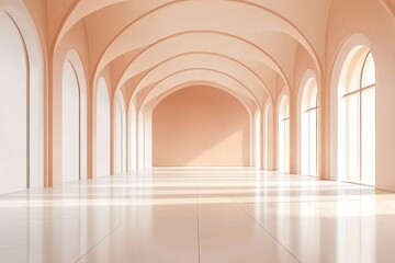 Fototapeta premium Peach-toned arched hallway, sunlight, windows, gallery, event space