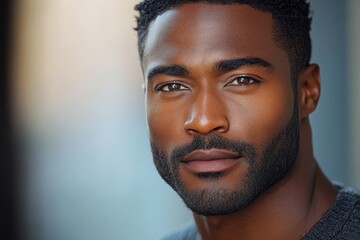 Obraz premium Close-up portrait of a man with a well-groomed beard and striking eyes captured in soft natural light
