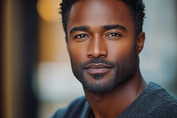 Portrait of a confident man with curly hair and a well-groomed beard in a casual sweater looking directly at the camera in a warm setting