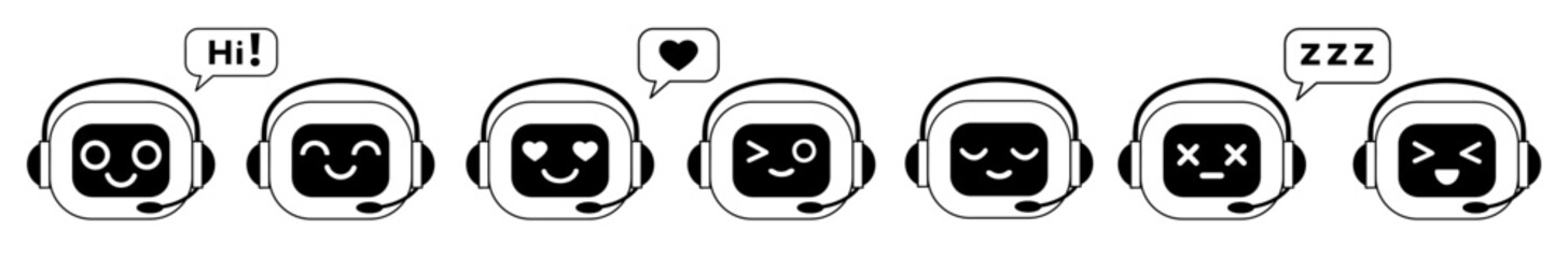 Ai chat bot icon set. Outline chatbot heads set with different emotions. Artificial intelligence bots. Linear vector illustration isolated on white background.
