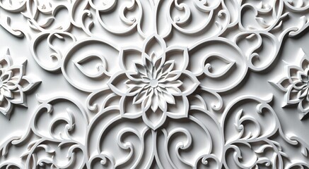 Floral Papercut Design. Elegant white intricate pattern for banners, invitations, backgrounds. Minimalist, sophisticated vector graphic with copy space.