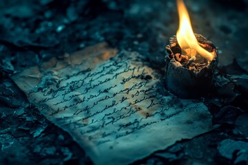 A burning candle illumines a weathered, handwritten note on a charred surface, evoking nostalgia, lost words, and stories untold in flickering light.