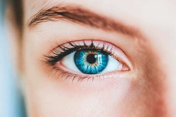 Obraz premium The eye area of a woman in her 40s is displayed in a closeup and front view, revealing prominent crow's feet and signs of skin fatigue