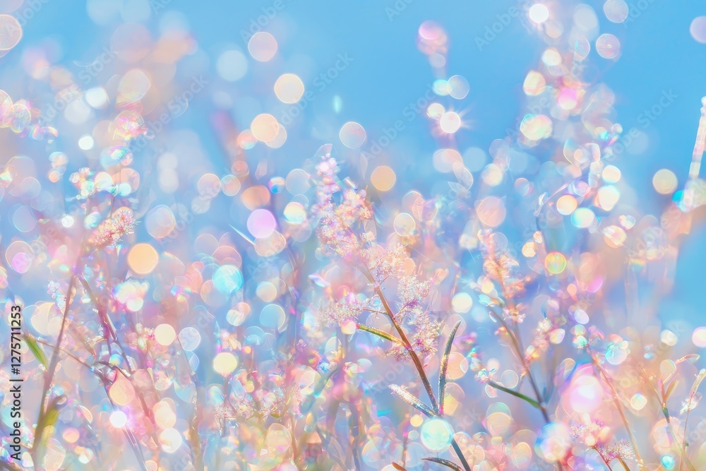 Poster holographic fantasy elements come together in a background that is both colorful and abstractly funk