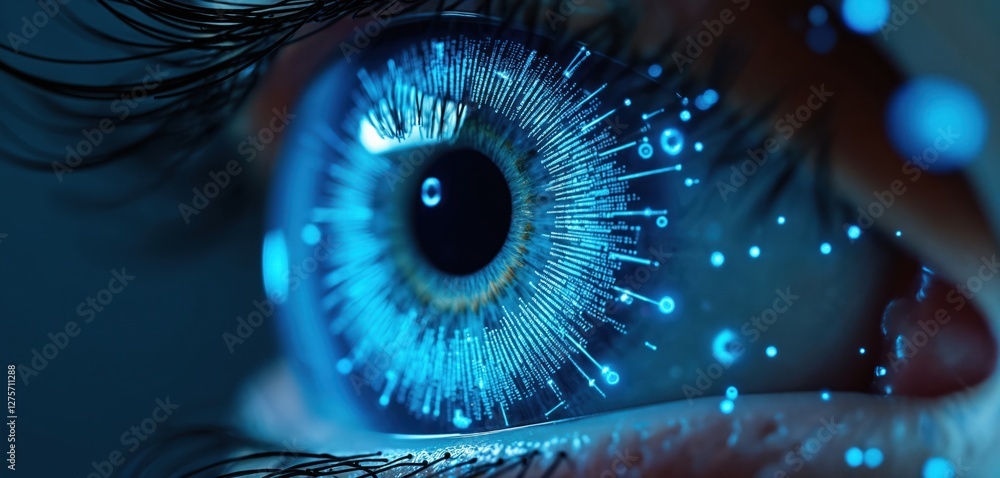 Poster Close-up of human eye with intricate blue digital patterns. Futuristic biometric tech scans iris for security, authentication, identification. Innovation in cybernetic optical verification systems,