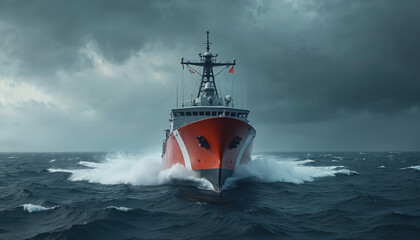 US Coast Guard ship sails stormy ocean waves front view. Seascape military vessel patrol marine environment. Maritime transport on sea surveillance operations.