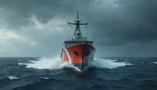 US Coast Guard ship sails stormy ocean waves front view. Seascape military vessel patrol marine environment. Maritime transport on sea surveillance operations.