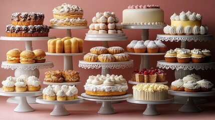 Pink studio, tiered cakes, pastries, desserts, display