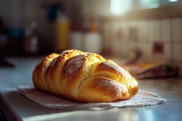 Freshly baked loaf of bread rests on a kitchen counter, bathed in warm light, exuding a sense of homey comfort and baking perfection.