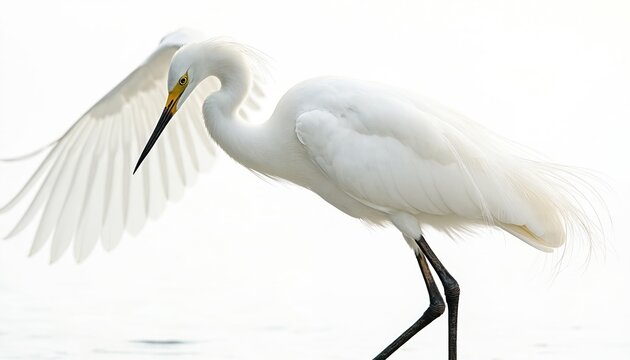 Elegant snowy egret standing in water. Graceful bird foraging near shoreline. White feathers contrast with dark legs, beak. Wild avian creature preens. Wetland wildlife photo.