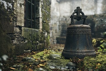 Obraz premium A moss-covered, antiquated bell rests in a stone courtyard, whispering echoes of history.