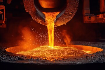 Molten metal flows into a mold at a foundry during the casting process, creating intricate shapes for industrial applications