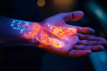 A hand overlaid with holographic red schematic diagrams of gears, invoking a fusion of technology and human connection.