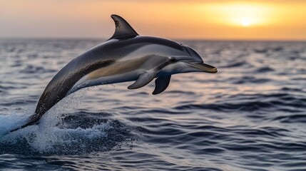 Fototapeta premium Dolphin Leaping Above Ocean Waves During Vibrant Sunset Glow