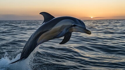Fototapeta premium Dolphin Jumping Out of Ocean at Sunset Over Calm Water Surface