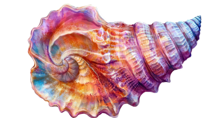 Colorful Seashell with Intricate Spiral Pattern on Transparent Background