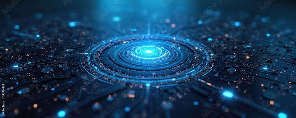Poster Close-up of blue glowing futuristic AI circuit board. Hi-tech computer system shows abstract tech background with integrated cyberspace components and machine learning.