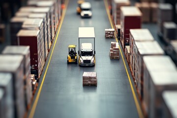A miniaturized scene of a busy warehouse with trucks and forklifts maneuvering through towering stacks of goods, reflecting logistics in action.