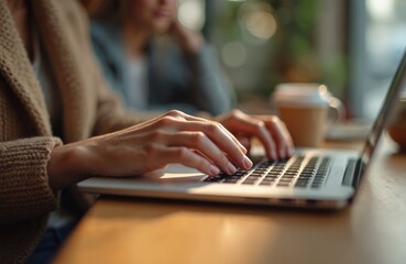 Close-up of woman hands typing on laptop keyboard. Distant coworker and coffee. Freelancer works at cozy public place. Online work, workspace concept.