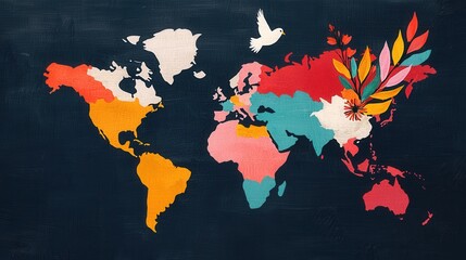 Colorful World Map Illustration with Flowers and Bird Elements