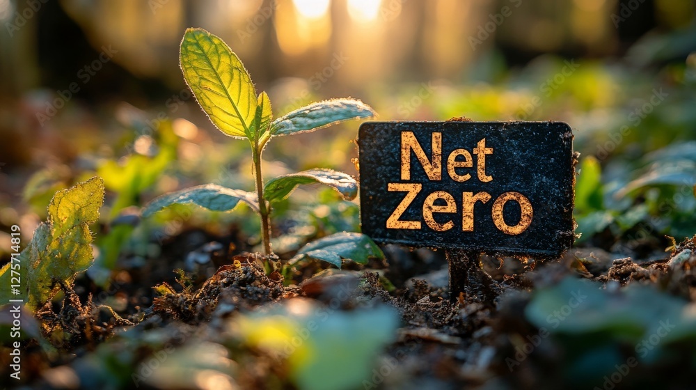 Poster new growth with net zero message in nature's lush background