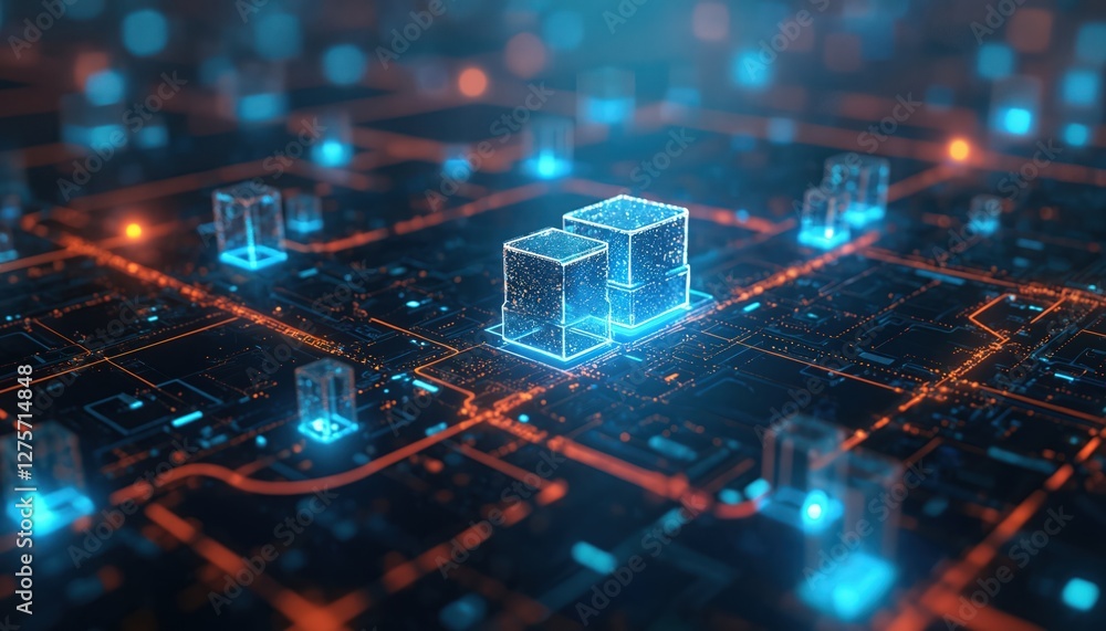 Poster Abstract rendering of data processing in cyberspace. Futuristic tech concept with circuits, glowing cubes and neon lights. Digital innovation, connectivity and network visualization, AI background.