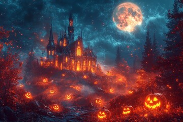 Highly Detailed Halloween Landscape with Eerie Jack-o-Lanterns