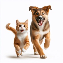 Cat and dog running and playing together, animal friendship isolated on white background