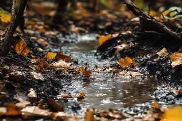 Ants traverse a stream of water surrounded by fallen autumn leaves, embodying resilience and teamwork amidst the changing seasons.
