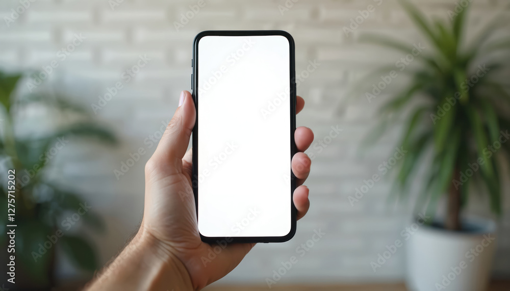 Aufkleber Hand holds smartphone with blank white screen. Mobile phone displaying messaging app interface with copy space. Person using device for communication, business, social media.