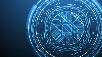 Abstraction on the theme of tech circles. Scientific and technological background. Blue gradient on the background.