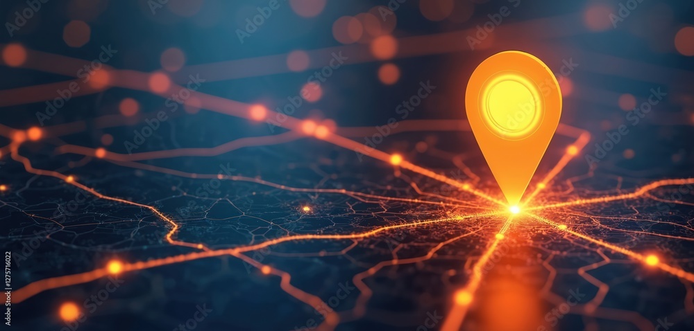 Aufkleber illuminated location marker glows on digital map with network of roads. futuristic cityscape, tech c