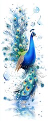 Vibrant peacock displaying feathers amidst bubbles artistic illustration colorful environment whimsical viewpoint