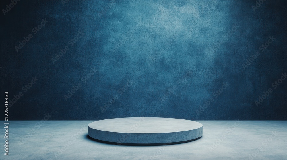 Poster round platform in empty studio with soft blue background lighting