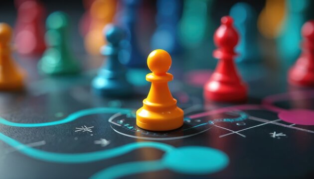 Close-up shot of colourful game pieces on strategy board game. It is a conceptual image of strategic planning, decision-making and team play dynamics in business or life.