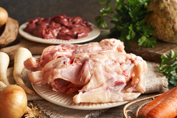 Chicken backs, liver and vegetables - Ingredients for homemade bone broth or soup