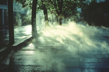 Fototapeta premium Soft mist drifts across an empty street, shrouding the scene in an ethereal calmness and transforming the space into a mystical escape.