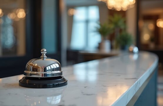 Silver reception bell stands on marble counter. Hotel interior blurred background. Hospitality service concept. Perfect shot for luxury travel business. Check-in desk. Accommodation.