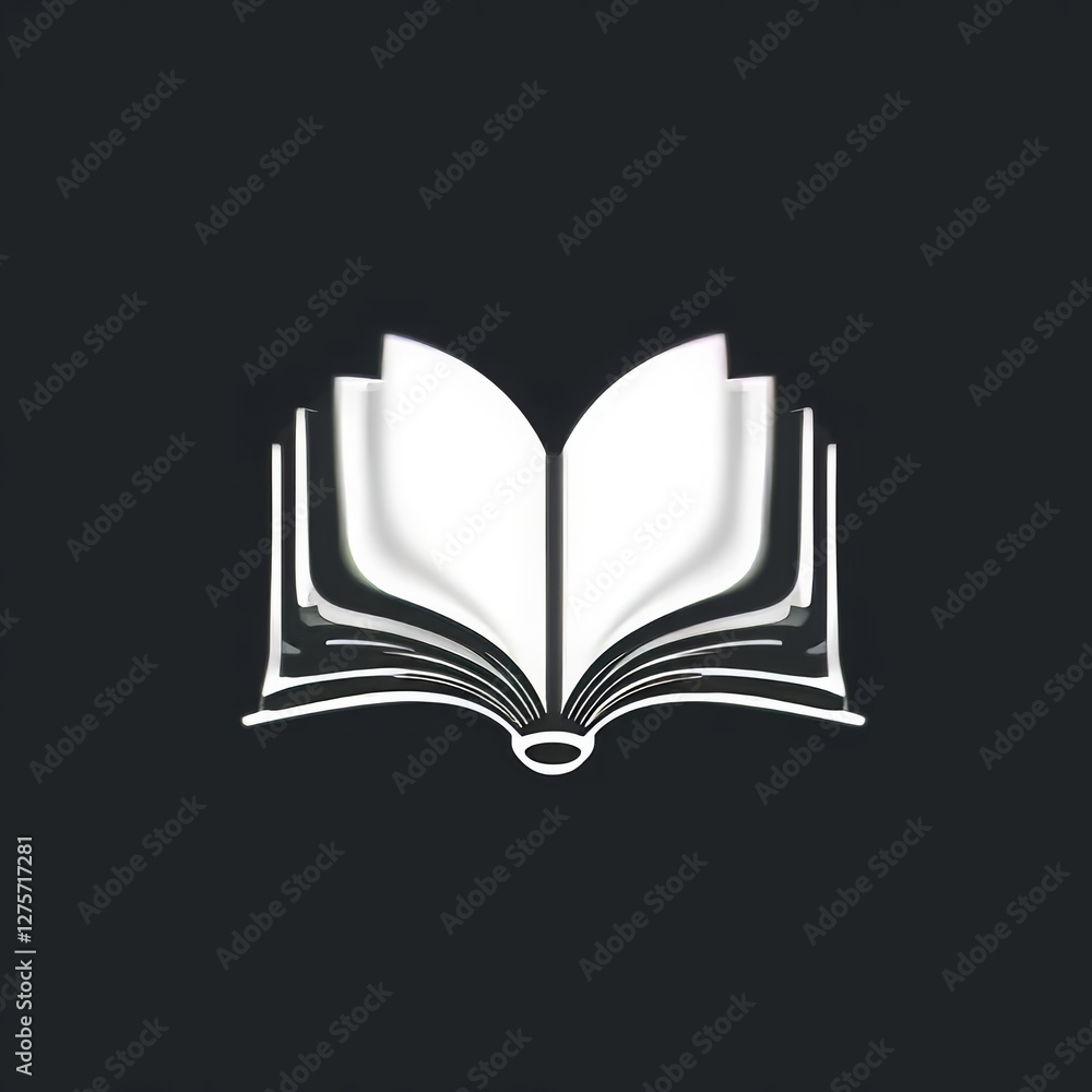 Poster minimalist logo of an open book with clean, thin lines and curved pages, using a black and white col