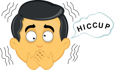 vector illustration yellow emoji character male, having hiccups symptom and a speech bubble with hiccup text