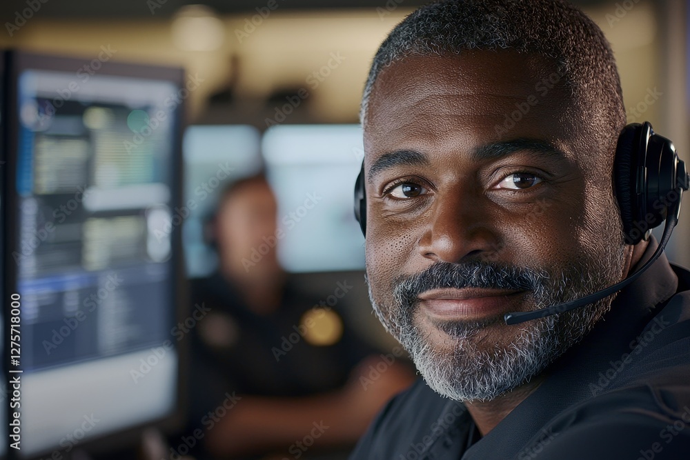 Poster in the portrait, a telemarketer is seen smiling and talking on a telephone headset while working at 