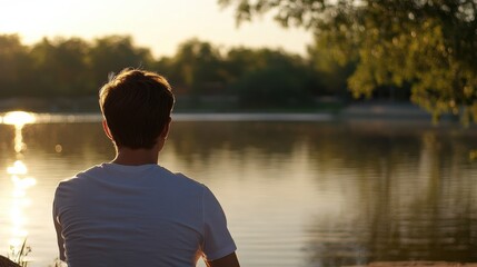 Fototapeta premium Peaceful solitude by the lake during golden hour at sunset